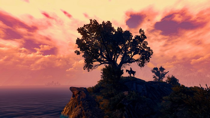 Geralt from The Witcher 3: Wild Hunt on a cliff at sunset