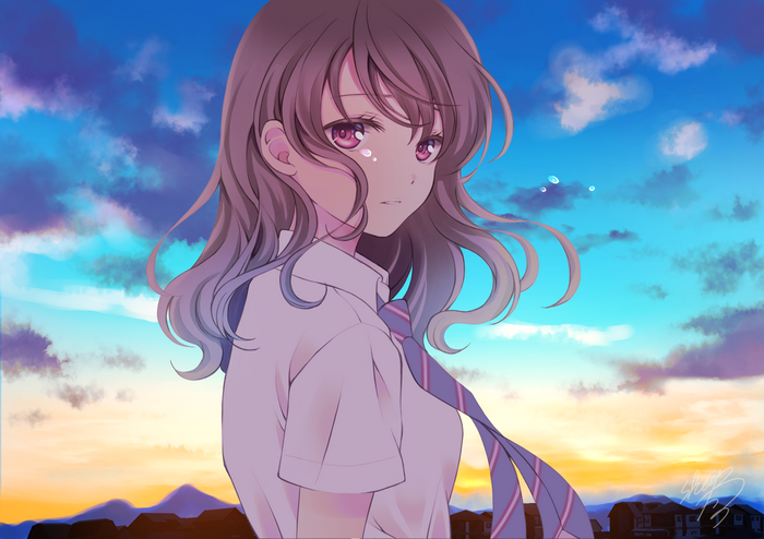 Anime girl in school uniform with tears against sunset sky