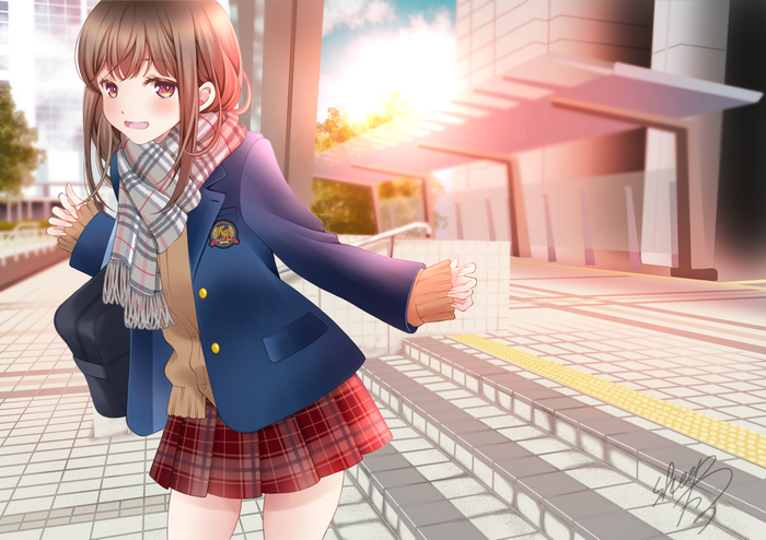 Anime girl in school uniform walking outside