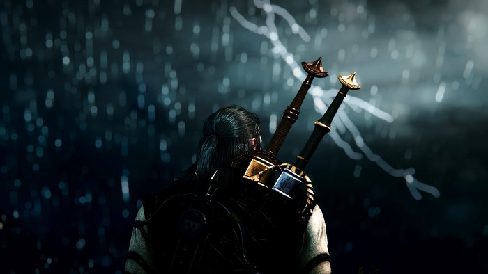 Geralt of Rivia from The Witcher 3: Wild Hunt in the rain