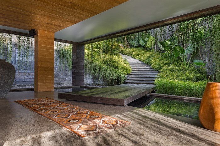 Interior with plants, stairs, and a rug