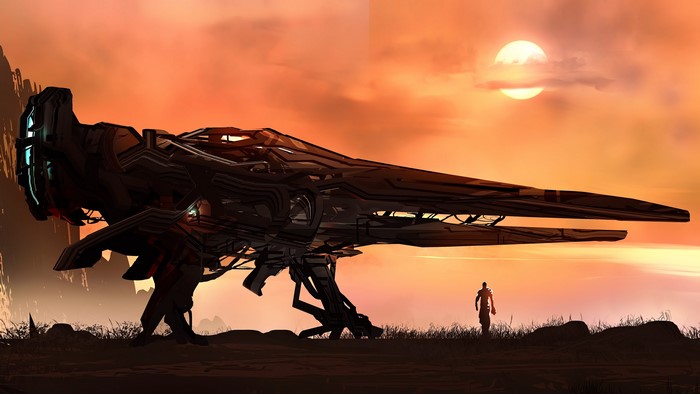 Futuristic spaceship on an alien planet at sunset