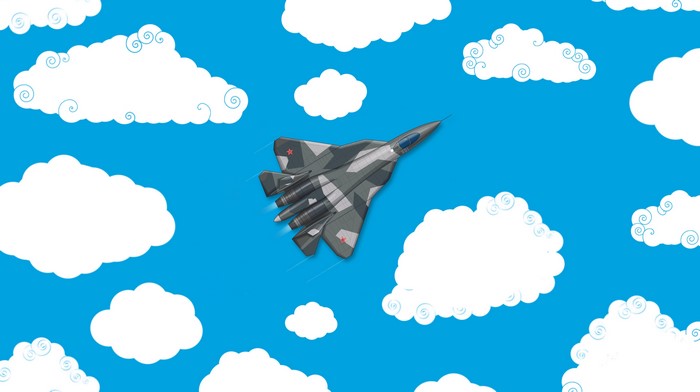 Sukhoi Su-57 fighter jet flying through clouds