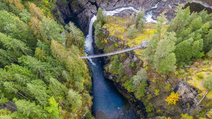 Aerial view of Elk Falls Provincial Park with suspension bridge