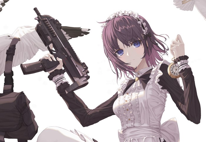 Maid with purple hair holding a gun and a pocket watch