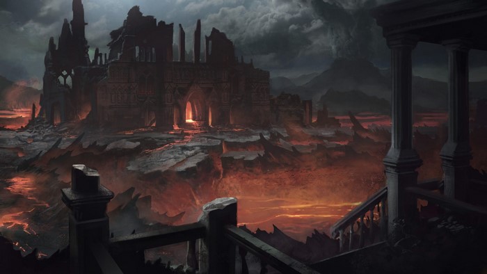 Ruined castle in a volcanic landscape with lava