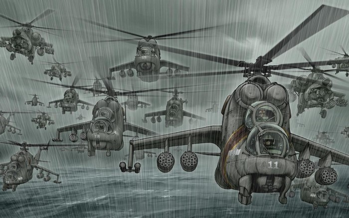 A fleet of Mi-24 helicopters flying in the rain