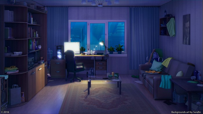 Cozy Anime Room with Night Sky View