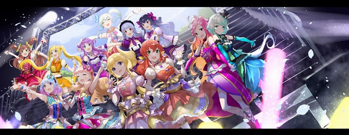 Group of anime girls performing on stage