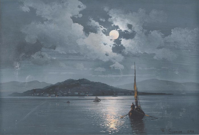 Moonlit Sea with Sailboat and Island