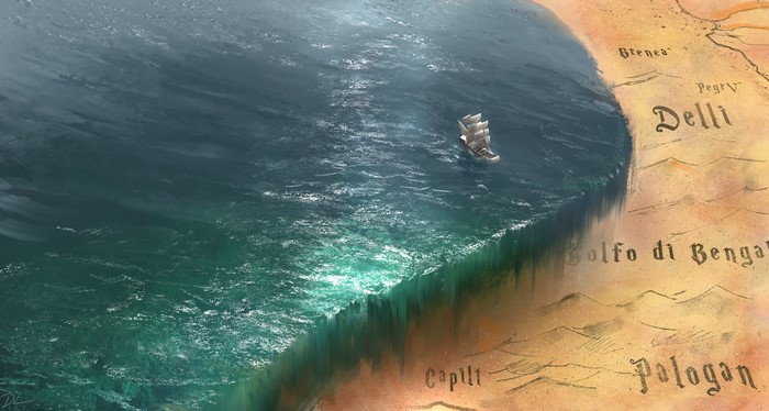 Fantasy map with a sailing ship on the sea