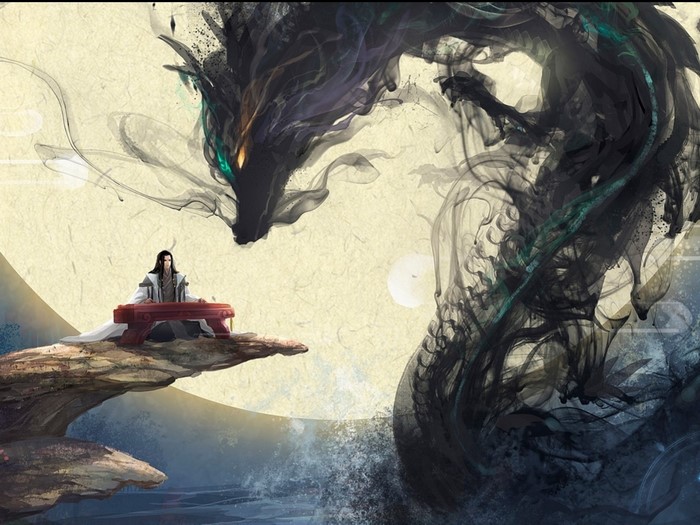 Man playing guqin with a dragon made of ink