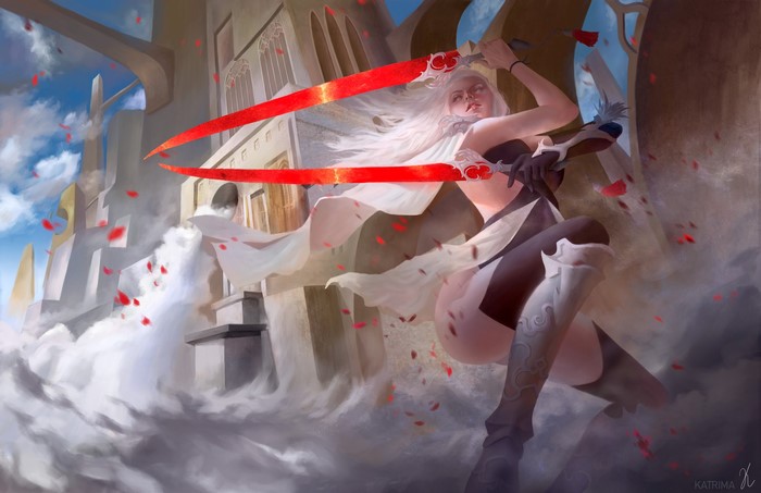 Woman with two red swords in fantasy setting