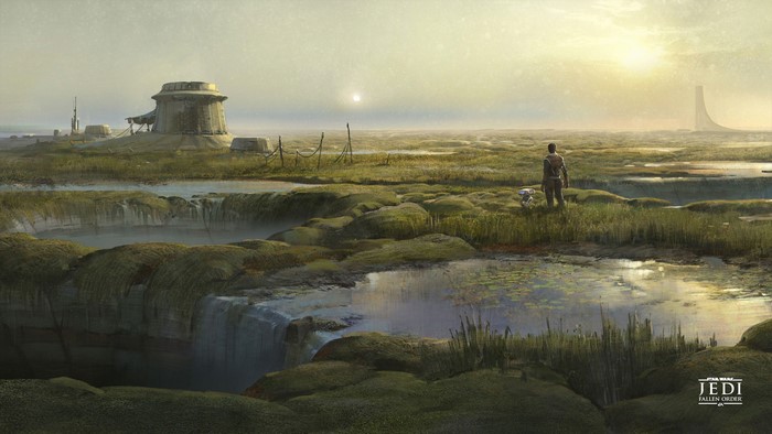Cal Kestis and BD-1 from Jedi: Fallen Order on a marsh planet