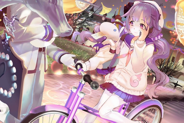 Anime girl with unicorn on a bicycle