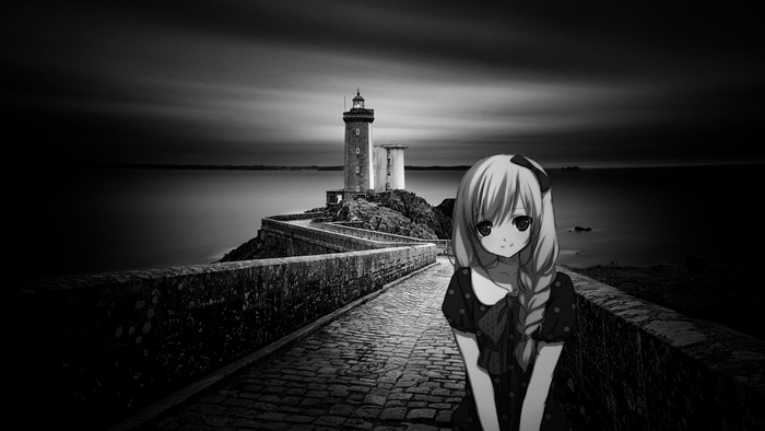 Anime girl by a lighthouse on a stone path