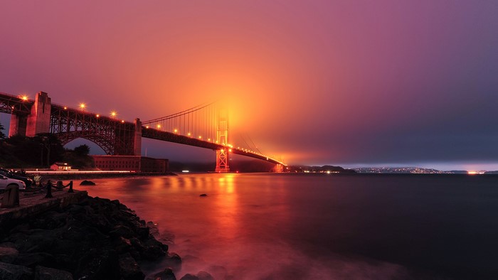 Golden Gate Bridge at Dusk with Fog and Lights