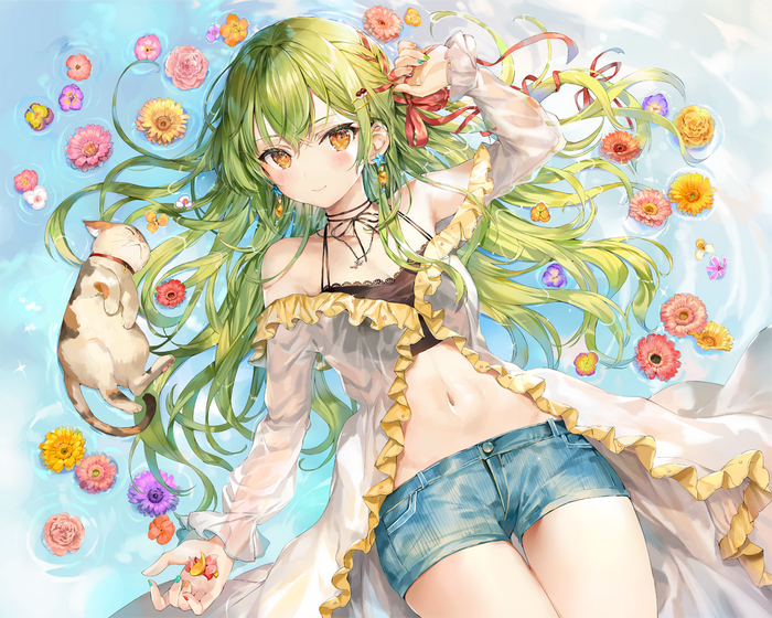 Anime girl with green hair and cat surrounded by flowers