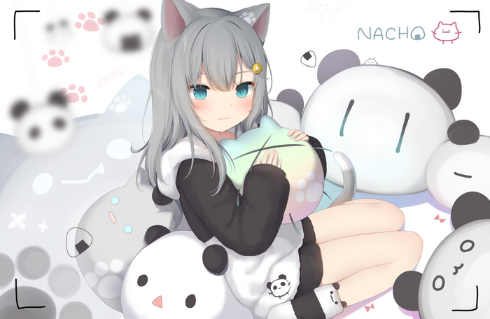 Anime girl with cat ears and panda plushies