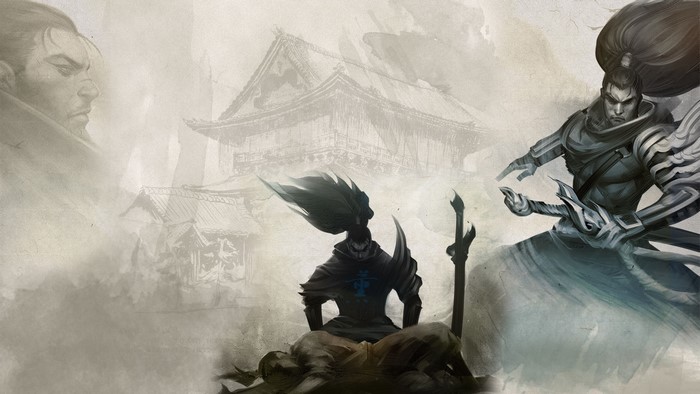 Yasuo from League of Legends with traditional Japanese architecture