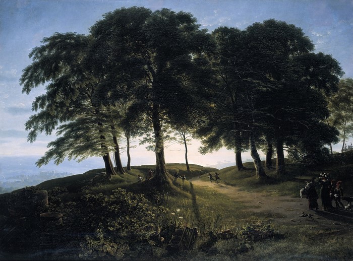Morning landscape with trees and figures by Karl Friedrich Schinkel