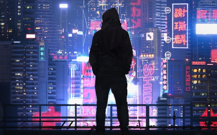 Cyberpunk Man in Neon Futuristic City
