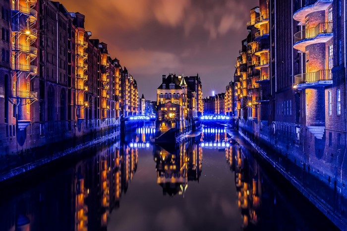 Speicherstadt Hamburg at night with canal reflections