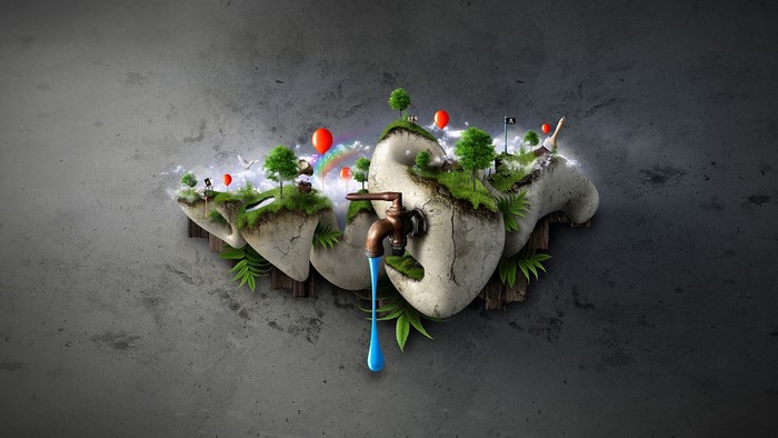 Surreal floating islands with a faucet and water drops