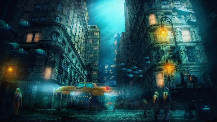 Underwater Cityscape with Flying Taxi and Divers
