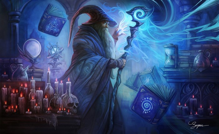 Wizard casting magic with books and candles
