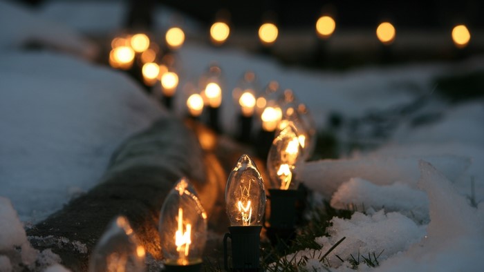 String lights in the snow