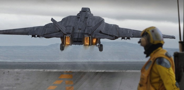 Futuristic jet fighter taking off from aircraft carrier