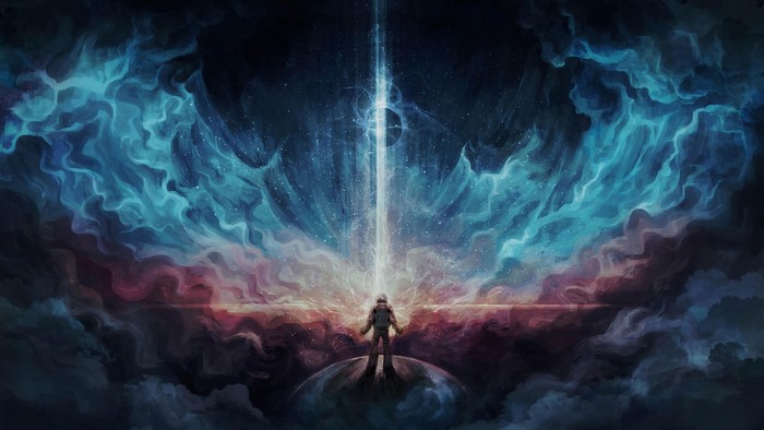 Astronaut standing on a planet looking at a cosmic light beam