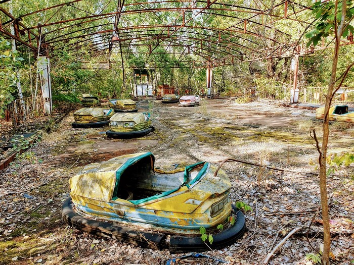 Abandoned bumper cars in Chernobyl amusement park