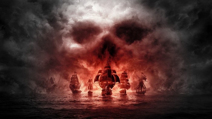 Pirate ships in front of a skull-shaped cloud formation