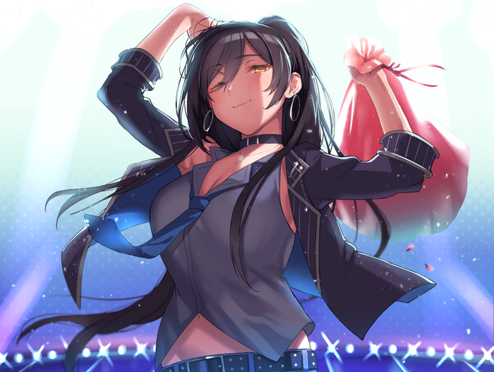 Anime girl with black hair holding a red bag