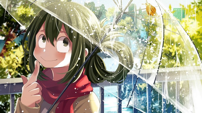 Tsuyu Asui from Boku no Hero Academia with umbrella in rain