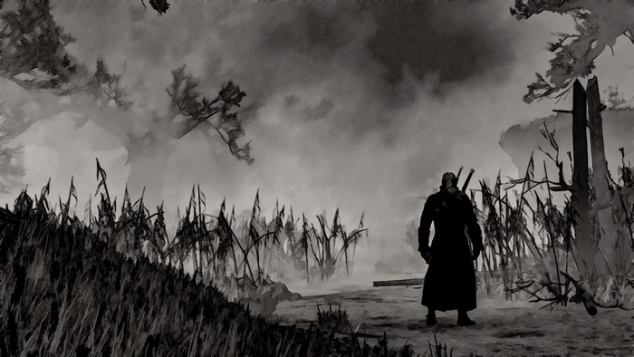 Geralt from The Witcher 3: Wild Hunt in monochrome