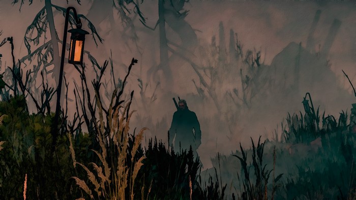 Geralt from The Witcher 3: Wild Hunt in a foggy forest