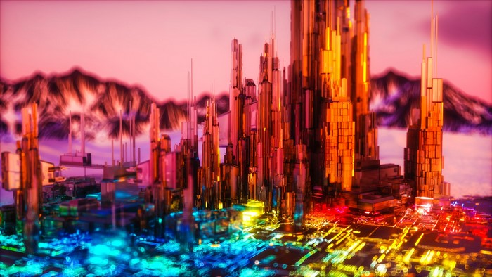Abstract futuristic city with colorful lights and mountains