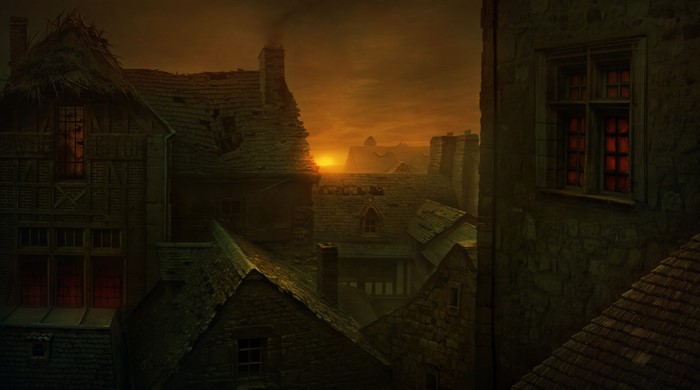 Digital art of a medieval town at sunset