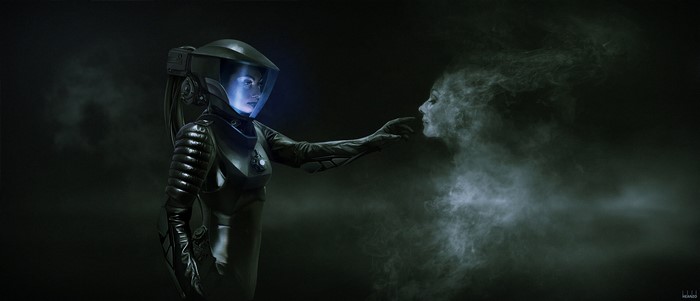 Woman in a space suit reaching towards a smoky apparition