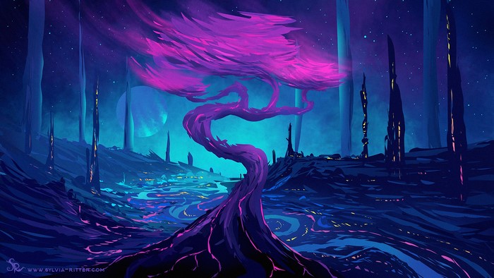 Digital Painting of Pink Tree on Alien Planet