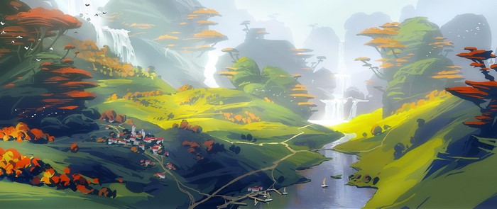 4K Digital Painting of Misty Mountain Village and Waterfalls