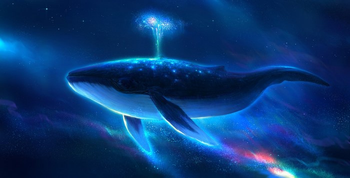 Fantasy whale swimming in a starry nebula