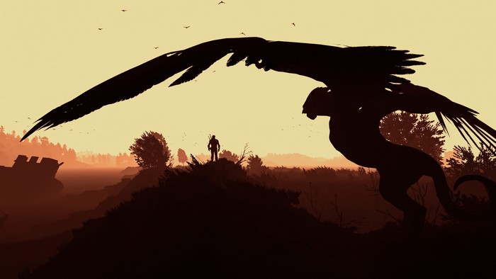Geralt of Rivia facing a Griffin in The Witcher 3