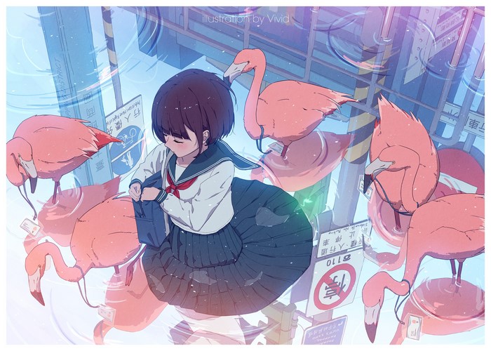Anime girl with flamingos in water
