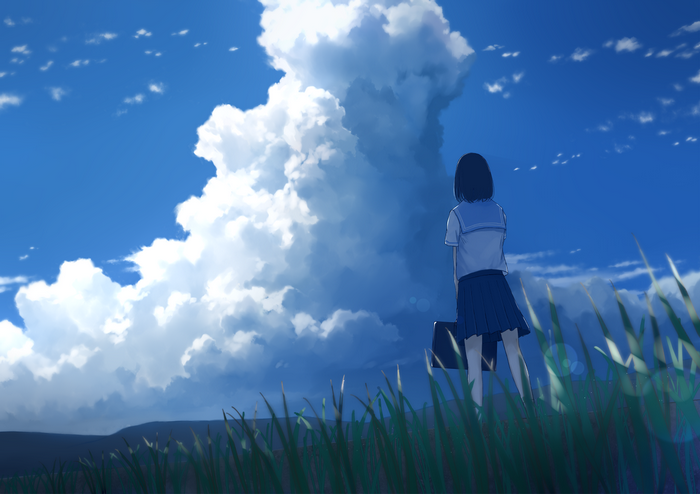 Anime girl in school uniform looking at clouds