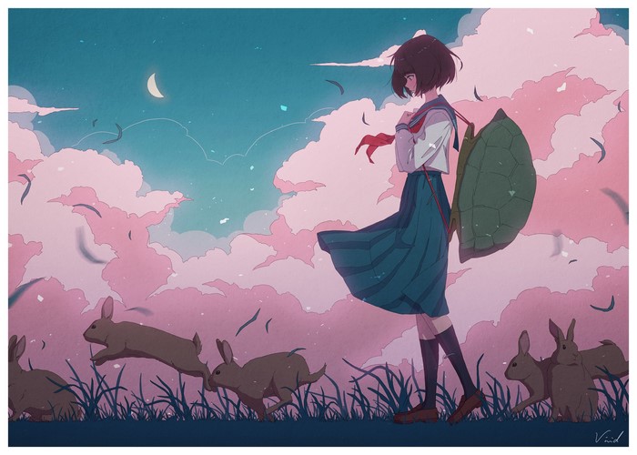 Anime girl in sailor uniform with turtle shell and rabbits