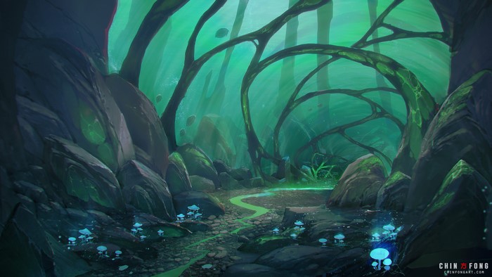 Fantasy forest with glowing mushrooms and strange trees